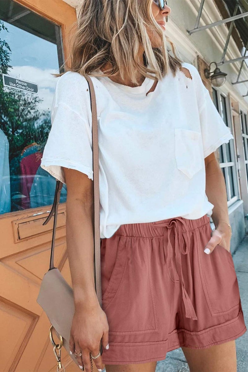 KISSMODA Summer Shorts for Women Casual Drawstring Elastic Waist Pure Color Cotton Linen Shorts with Pockets - Image 4